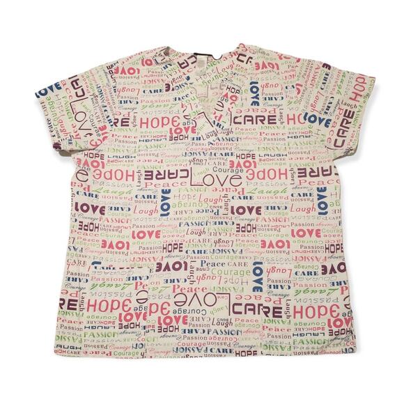 Scrub Studio Positive Vibes Love Hope Care Passion Courage Peace Laugh Scrub Top - Picture 1 of 5